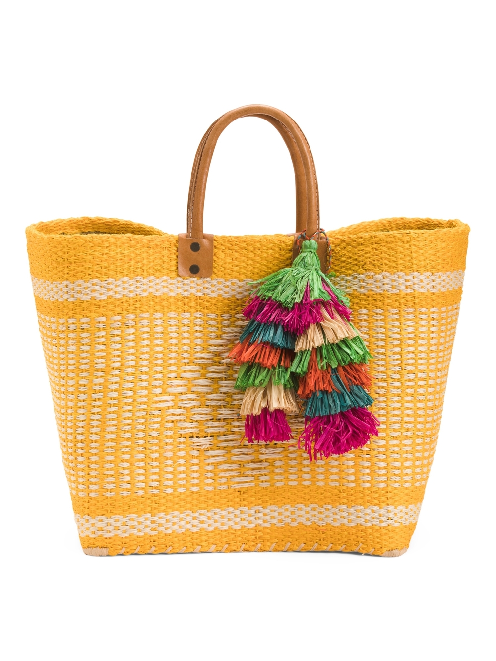 Yellow Woven Tote with Multicolor Tassel Accent